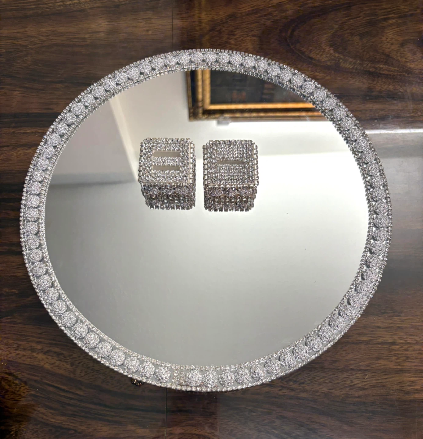 Round mirror tray with crushed diamond and silver rhinestones - photo 5