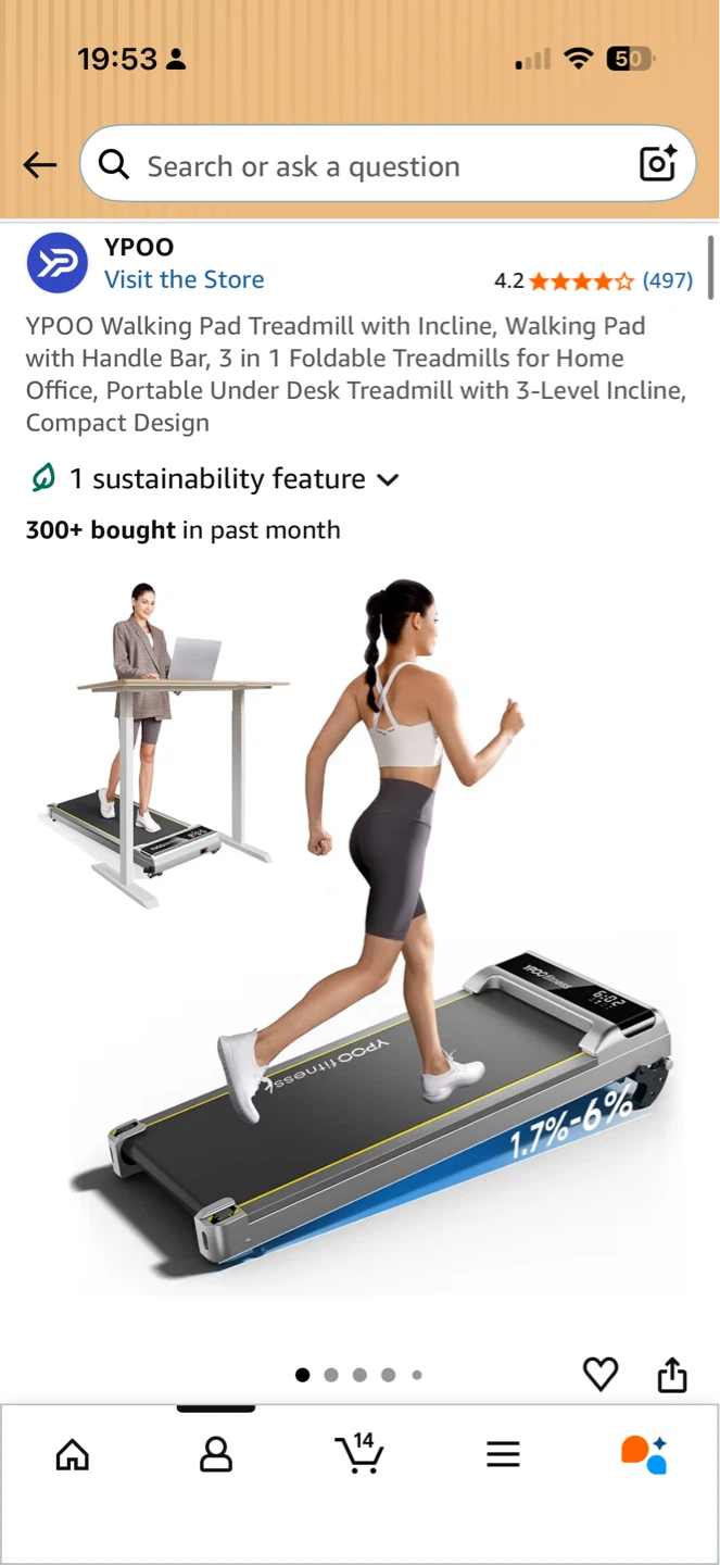 YPOO Walking Pad Treadmill with Incline and Handle Bar