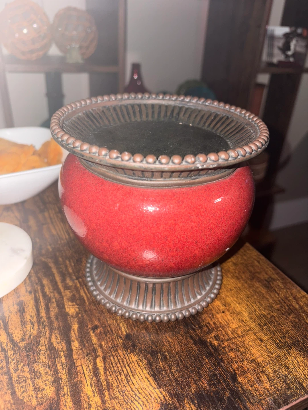 Red Ceramic and Metal Candle Holder