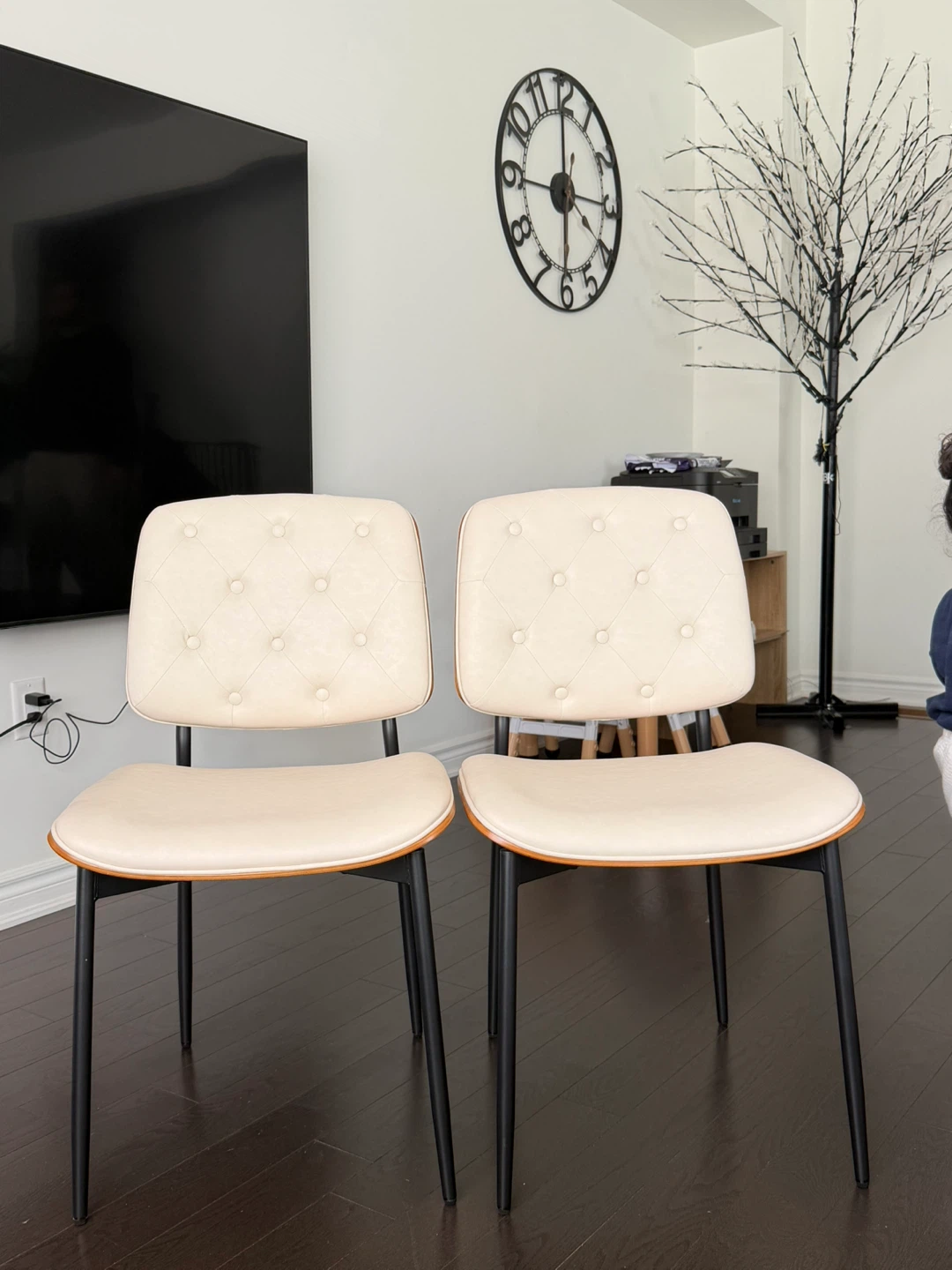 Pair of Cream Upholstered Dining Chairs with Wood Trim
