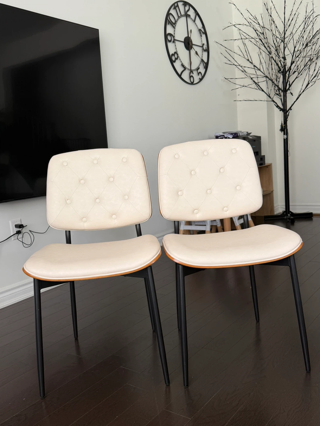 Pair of Cream Upholstered Dining Chairs with Wood Trim - photo 3