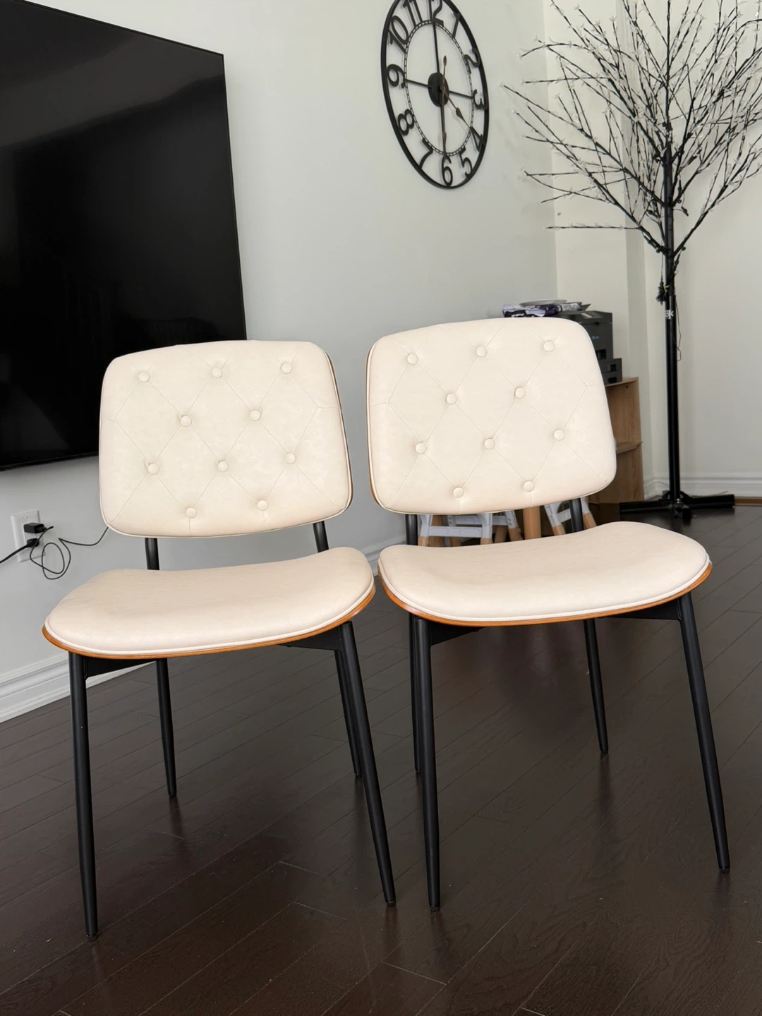 Pair of Cream Upholstered Dining Chairs with Wood Trim - photo 2