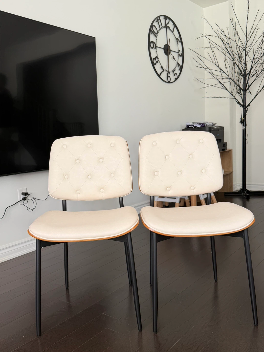 Pair of Cream Upholstered Dining Chairs with Wood Trim - photo 4
