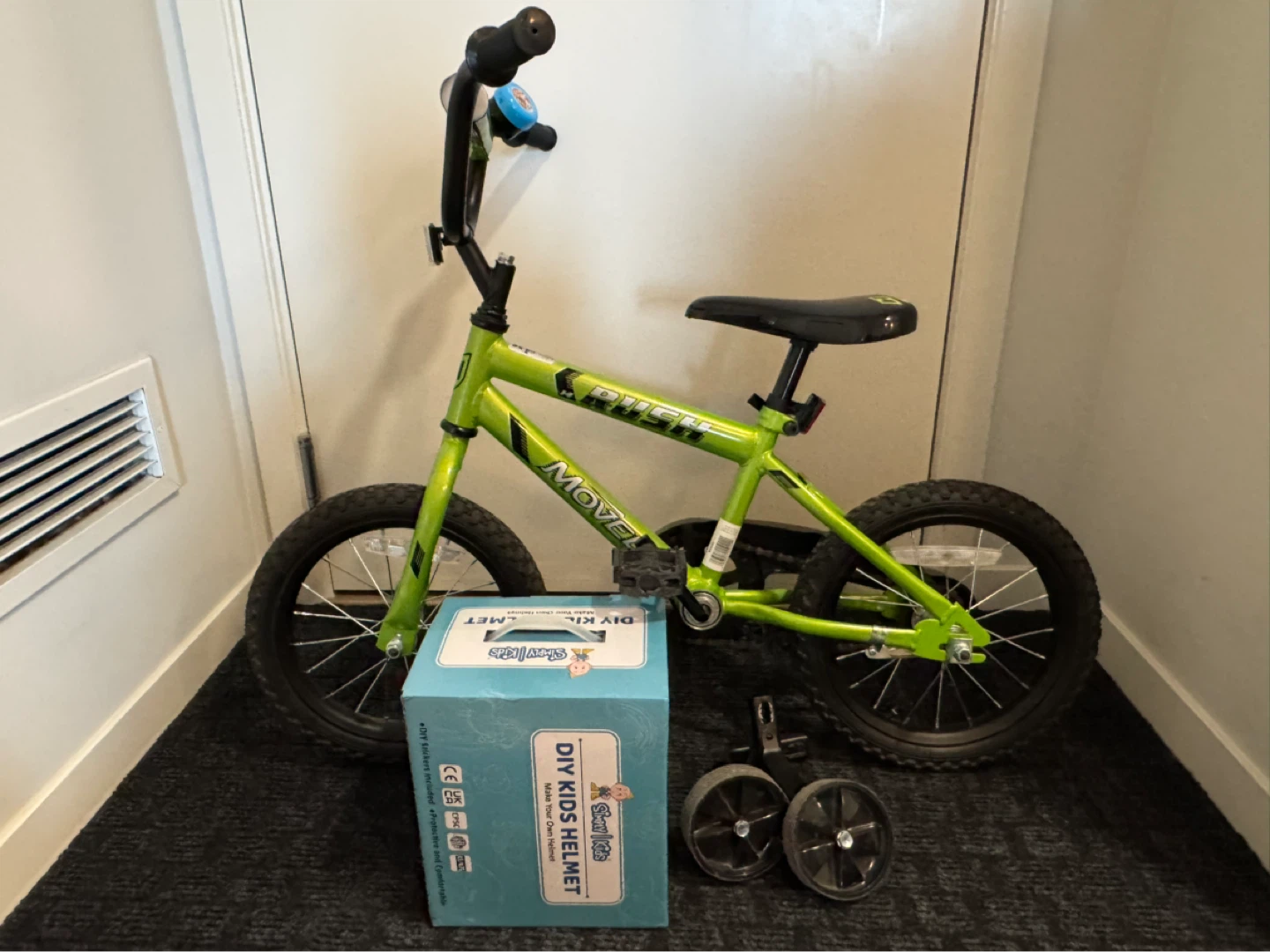 Green Rush 14" Kids Bike with Training Wheels and Helmet