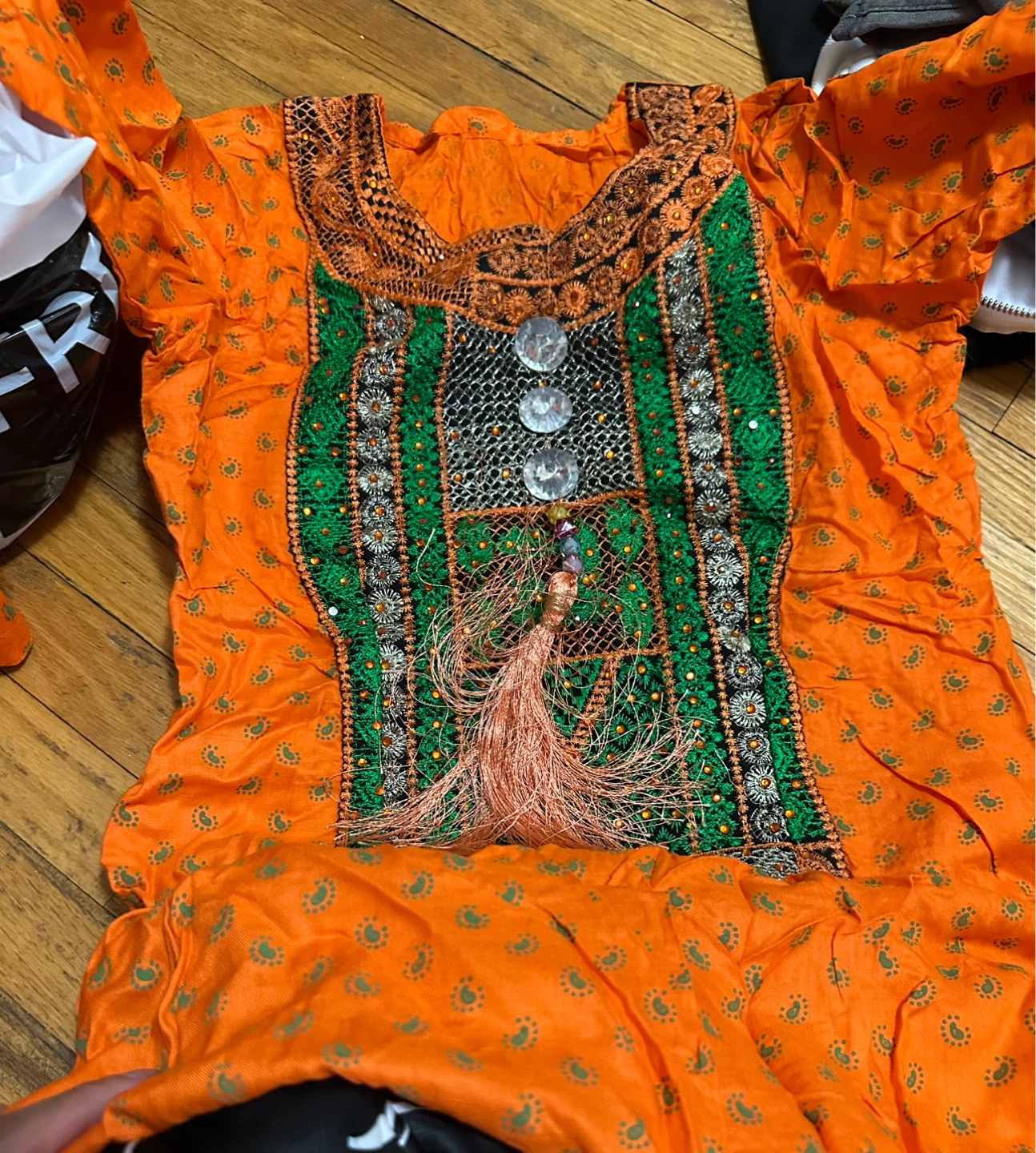 Orange Pakistani suit  with Green Embroidery