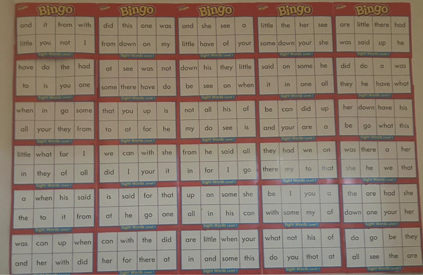 Sight Words Level 1 Bingo Cards