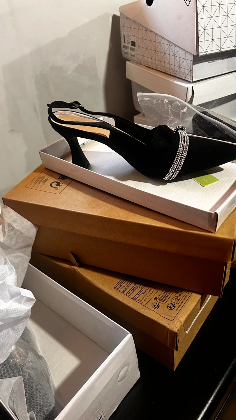 Black Slingback Heels with Rhinestones and Pearl Bow - photo 2