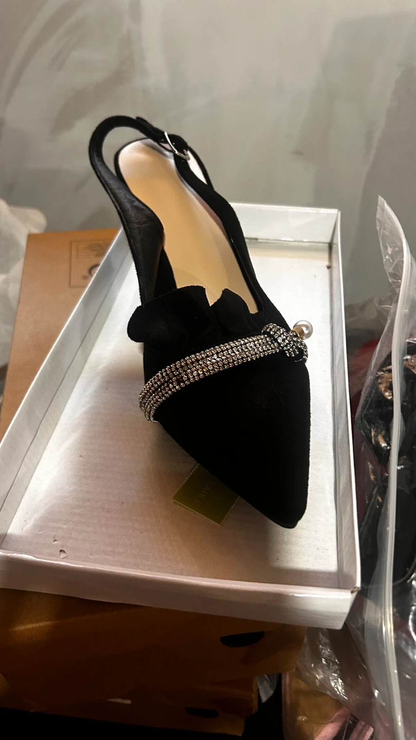 Black Slingback Heels with Rhinestones and Pearl Bow