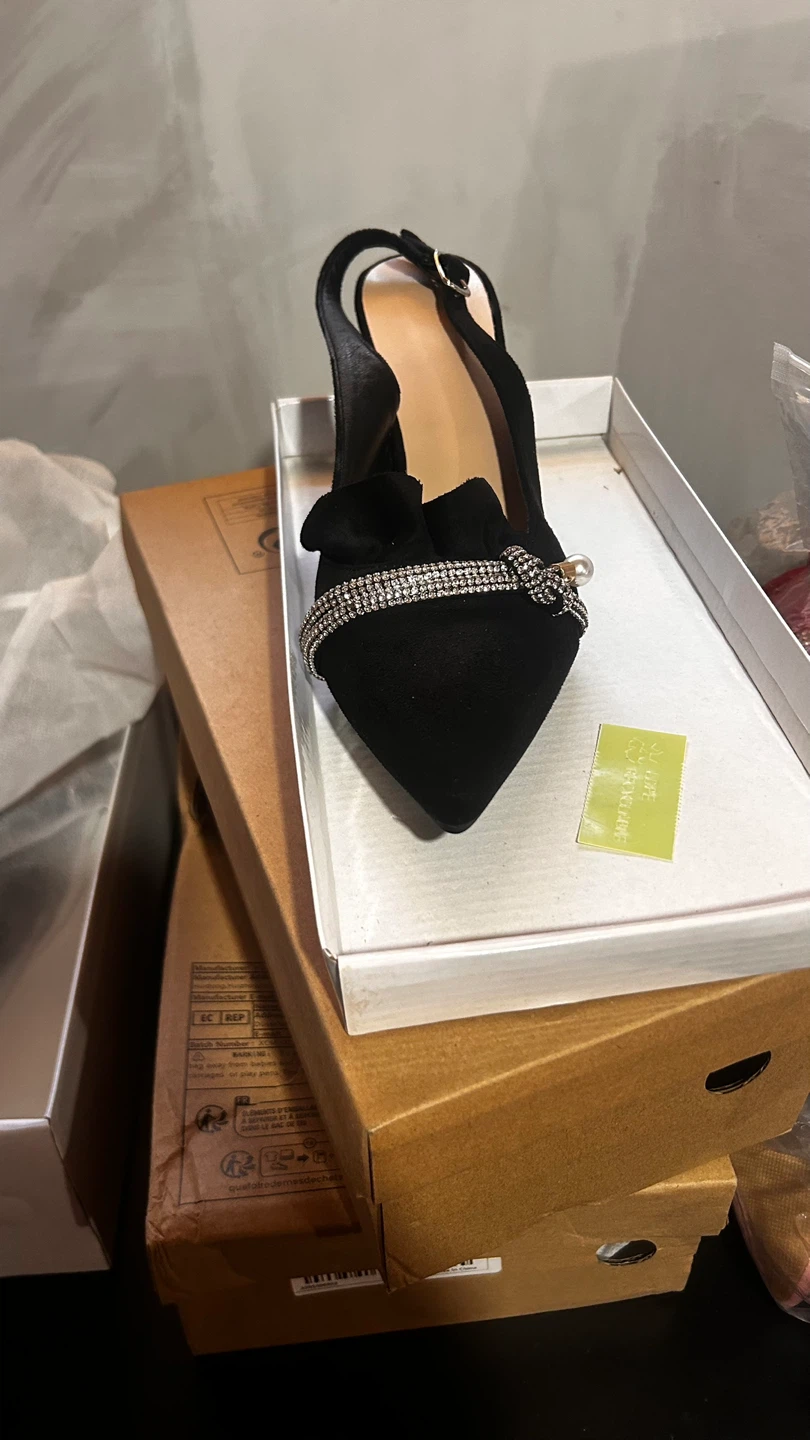 Black Slingback Heels with Rhinestones and Pearl Bow - photo 3