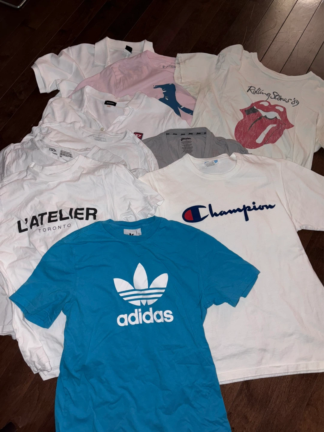 Assorted T-shirts: Adidas, Champion, Penguin, Diesel