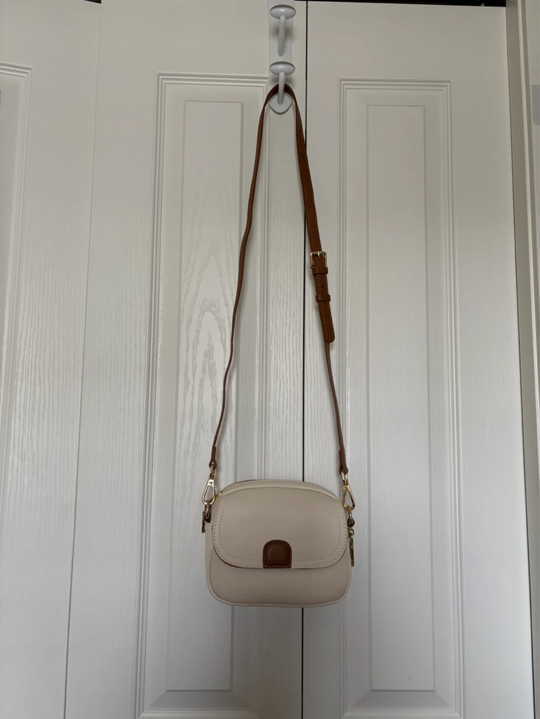 Cream Crossbody Bag with Brown Strap