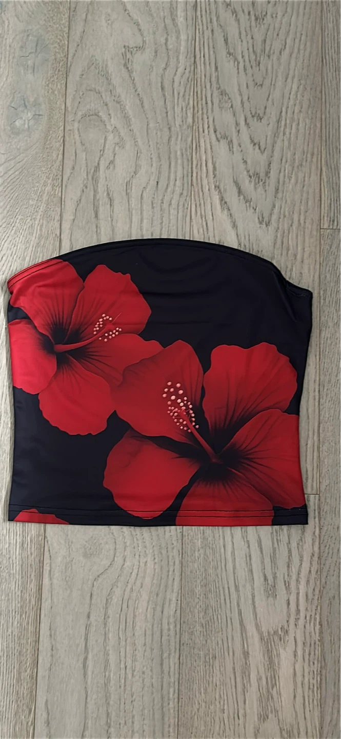 Strapless top with red hibiscus print