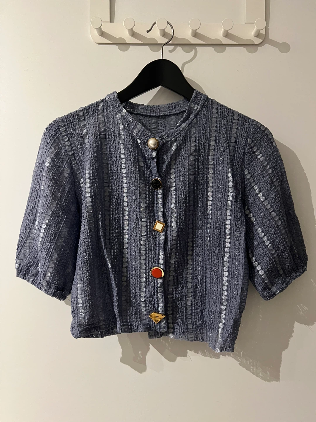 Blue Cropped Blouse with Decorative Buttons