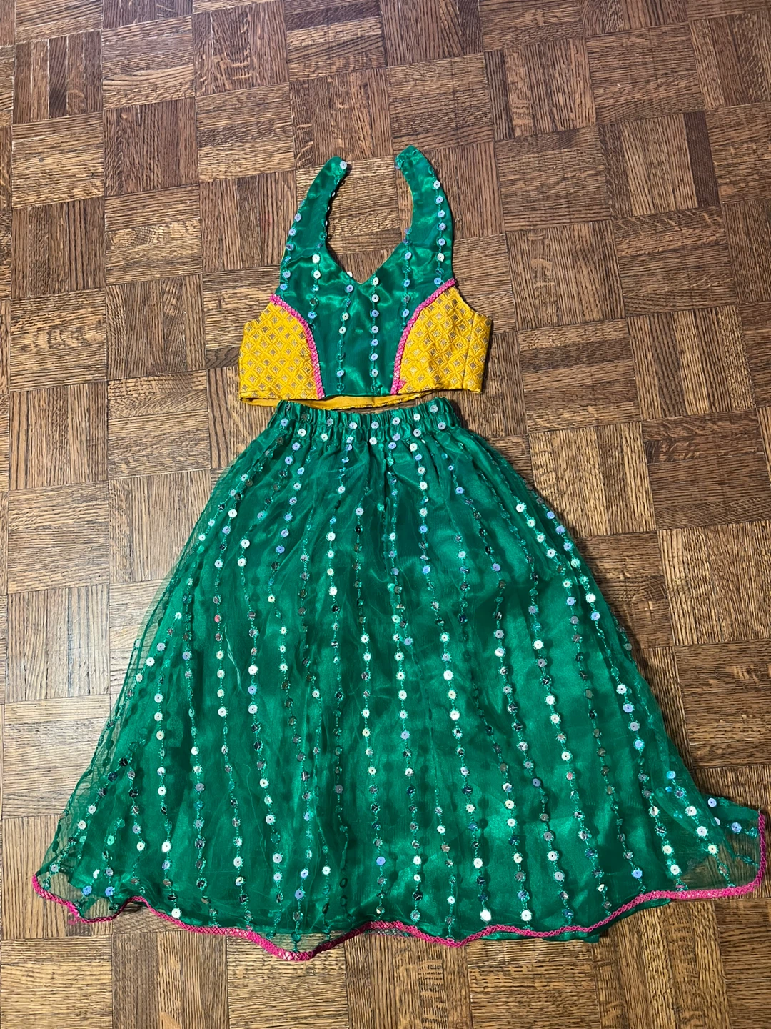 3 to 4 years Green Sequin Crop Top and Skirt Set