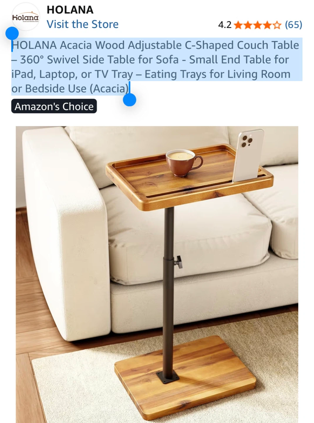 HOLANA Acacia Wood Adjustable C-Shaped Couch Table - photo 2