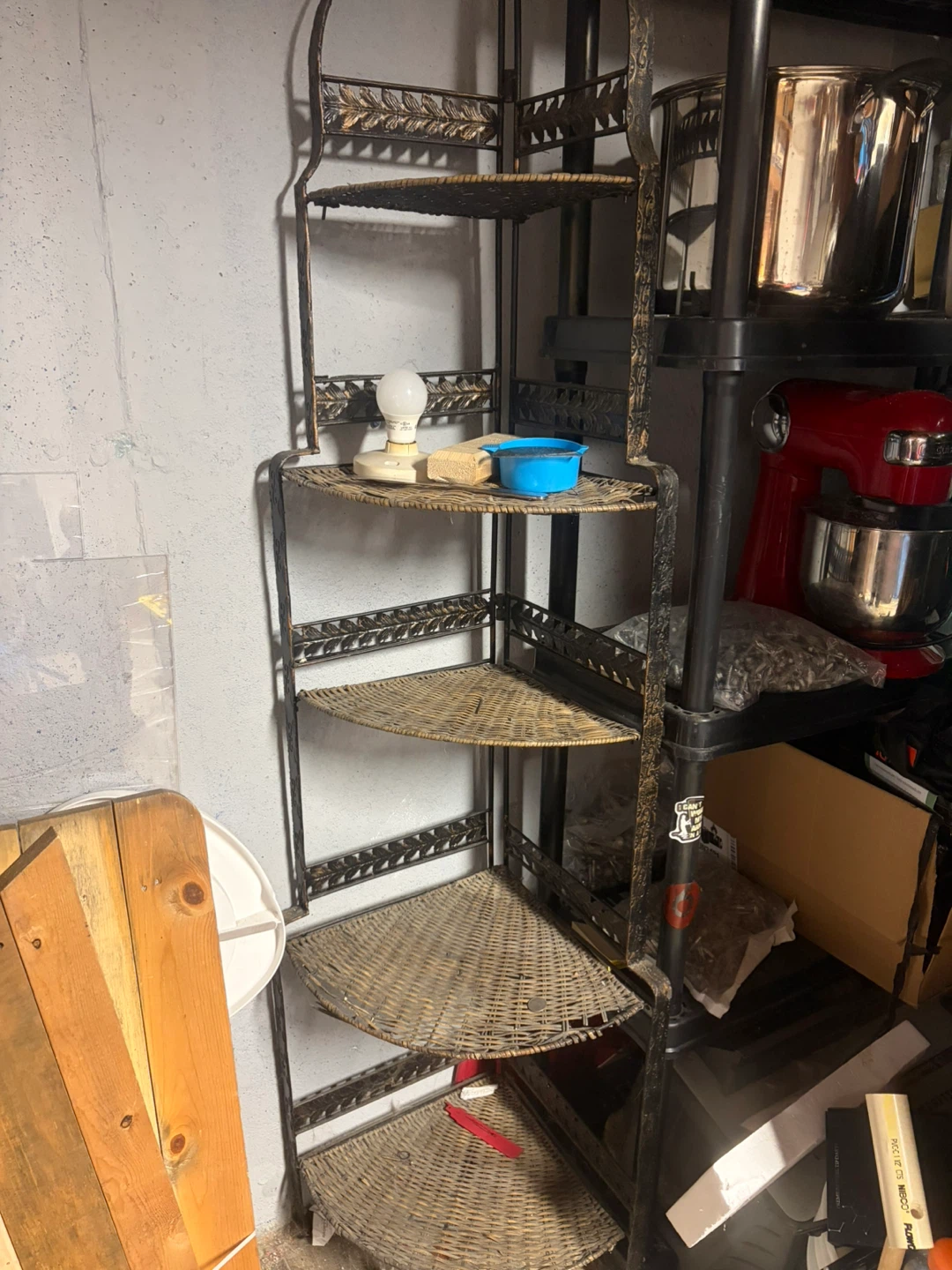 Vintage Wicker and Metal Corner Shelf Unit