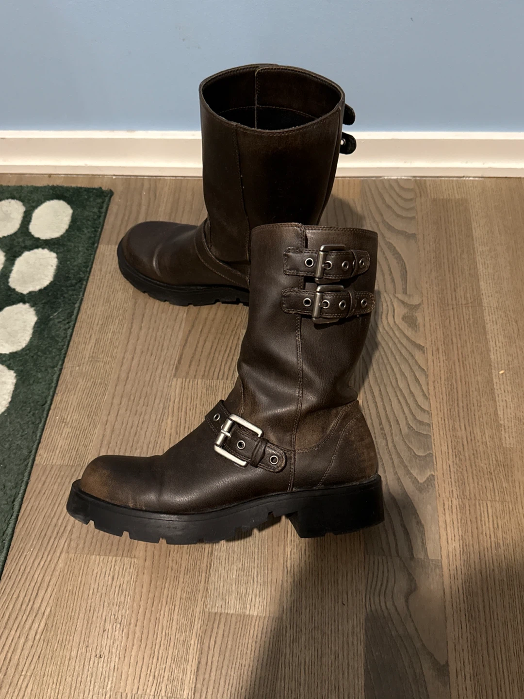 ZARA Brown Real Leather Buckle Moto Boots