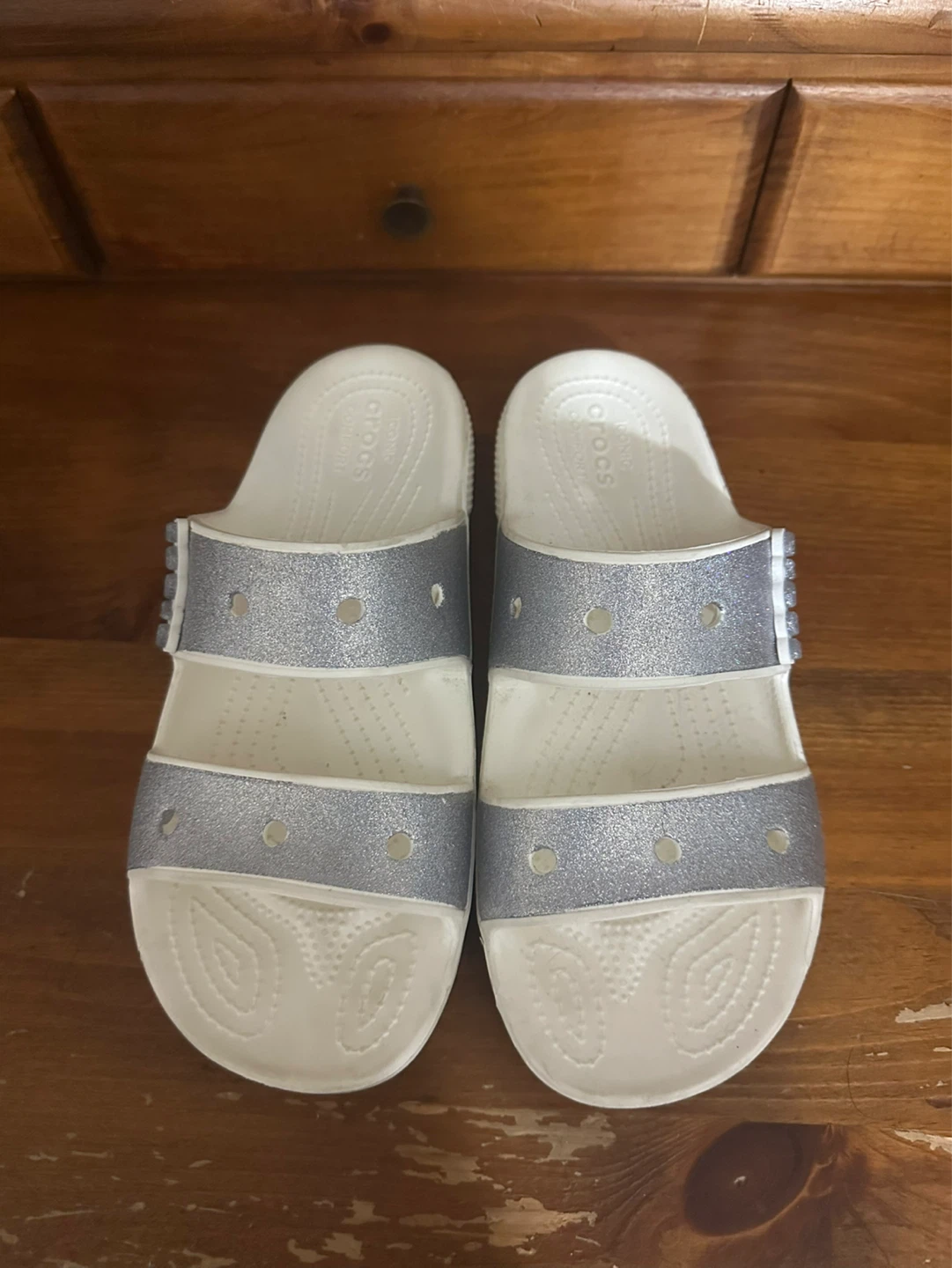 Crocs Women's White Glitter Two-Band Slides