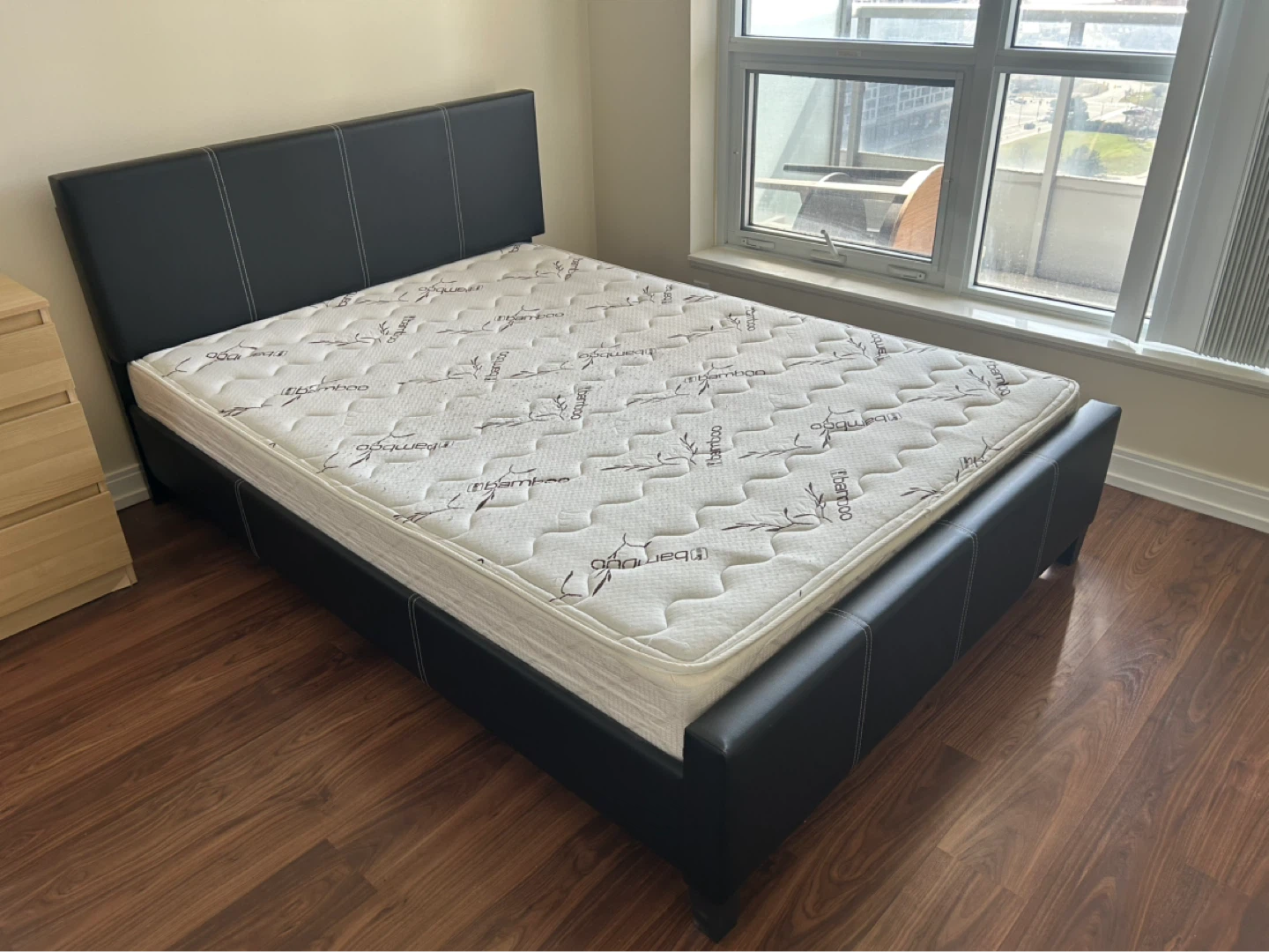 Black Faux Leather double sizeBed Frame with Bamboo Mattress