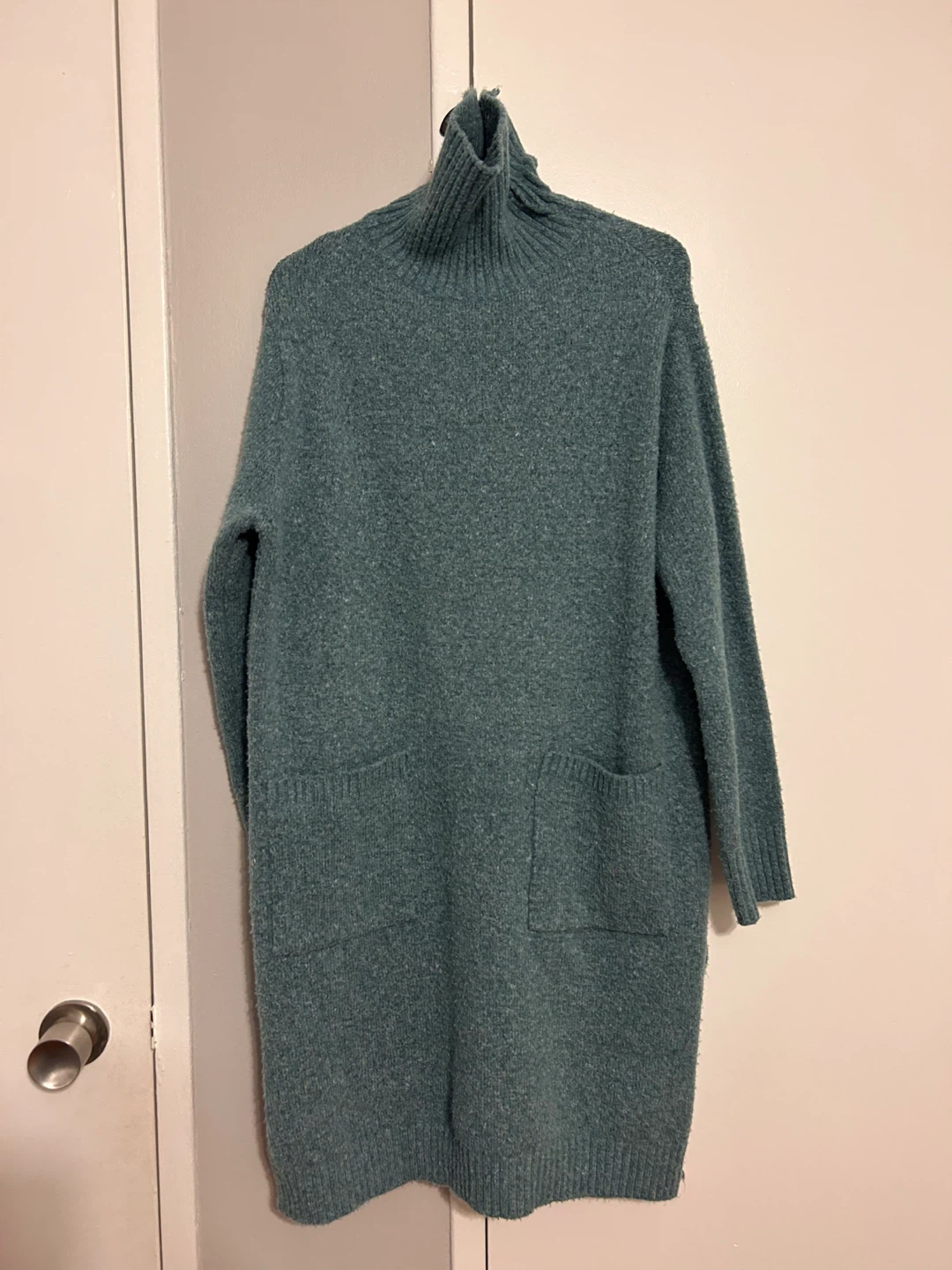 Teal Turtleneck Sweater Dress with Pockets