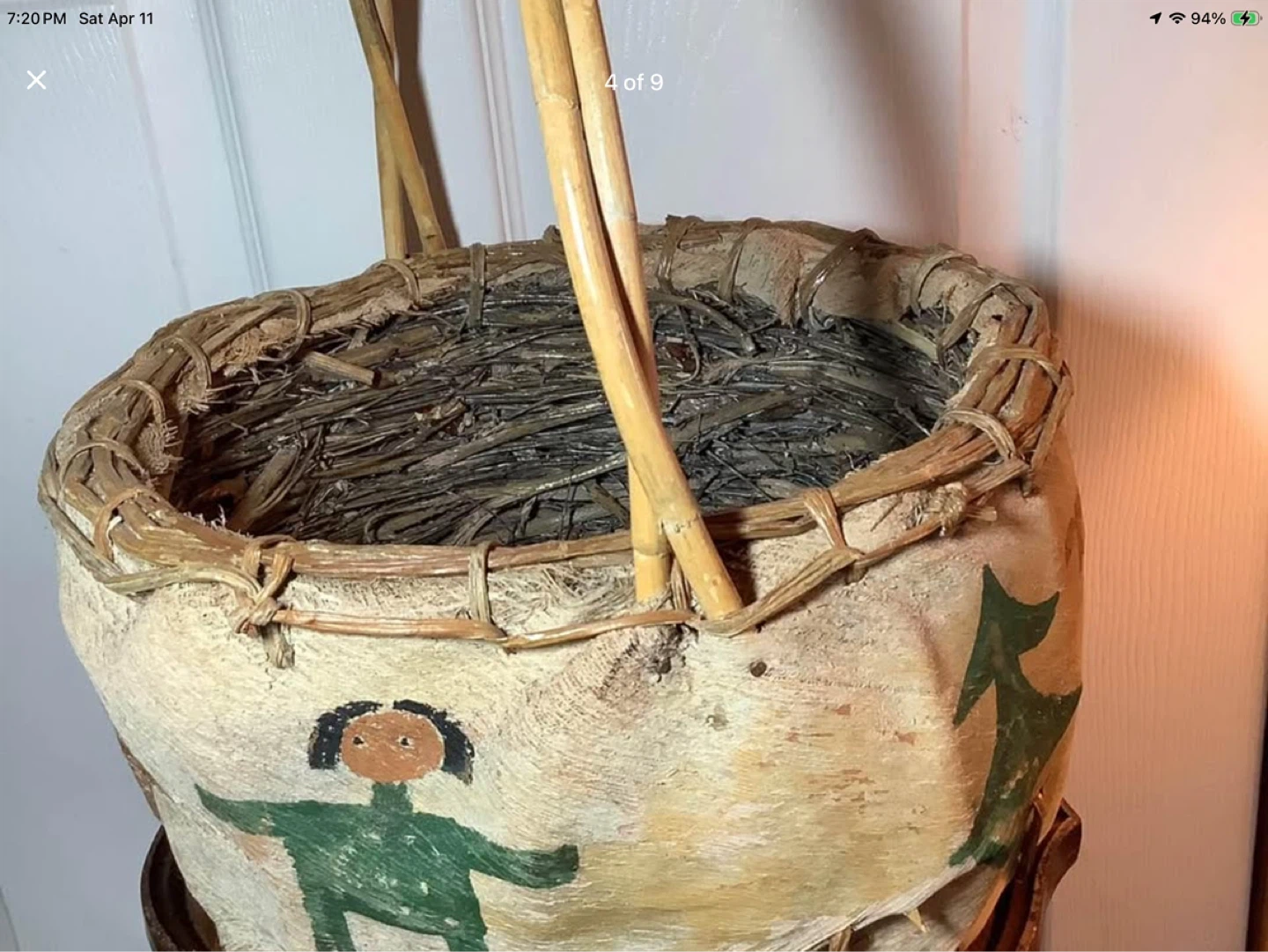 Lg Vtg Indigenous Hd Crafted Bark & Wicker Egg Gathering Basket - photo 4