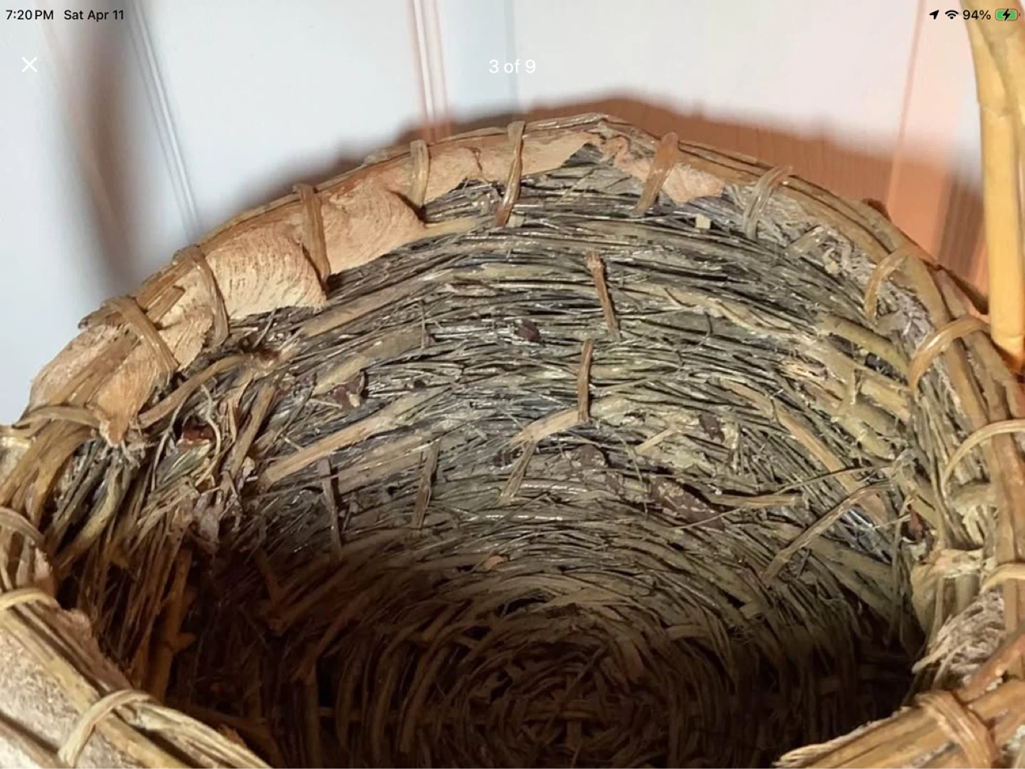 Lg Vtg Indigenous Hd Crafted Bark & Wicker Egg Gathering Basket - photo 3