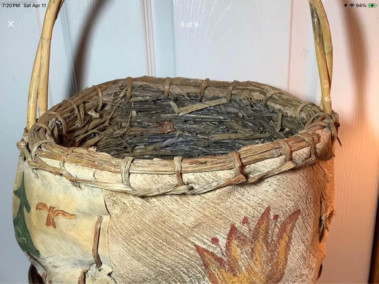 Lg Vtg Indigenous Hd Crafted Bark & Wicker Egg Gathering Basket - photo 5