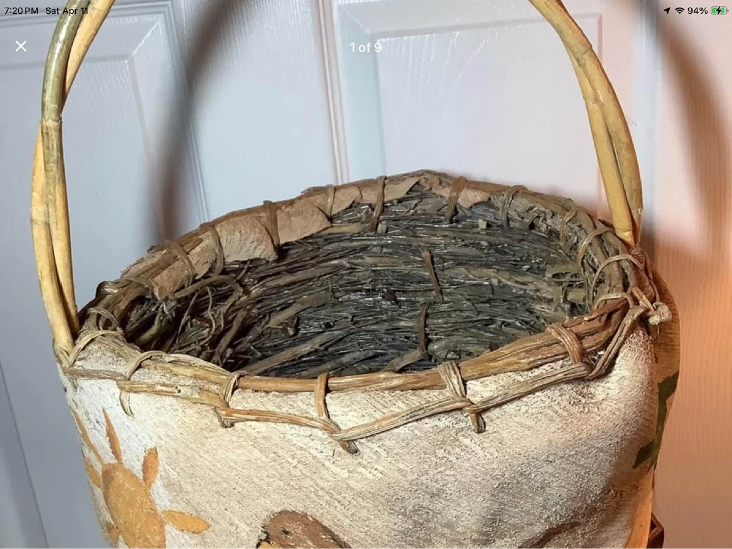 Lg Vtg Indigenous Hd Crafted Bark & Wicker Egg Gathering Basket