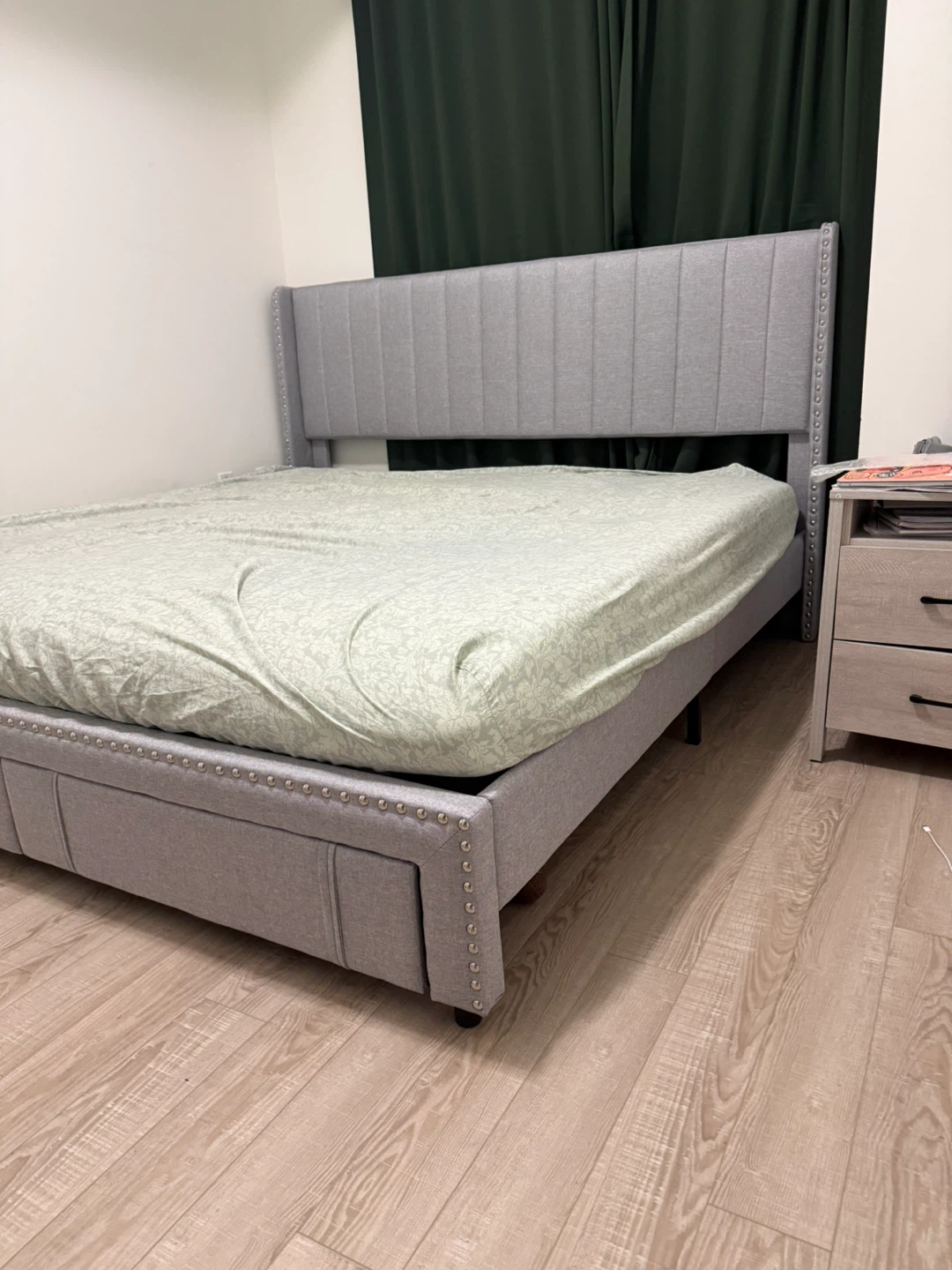 Grey Upholstered Bed Frame with Storage