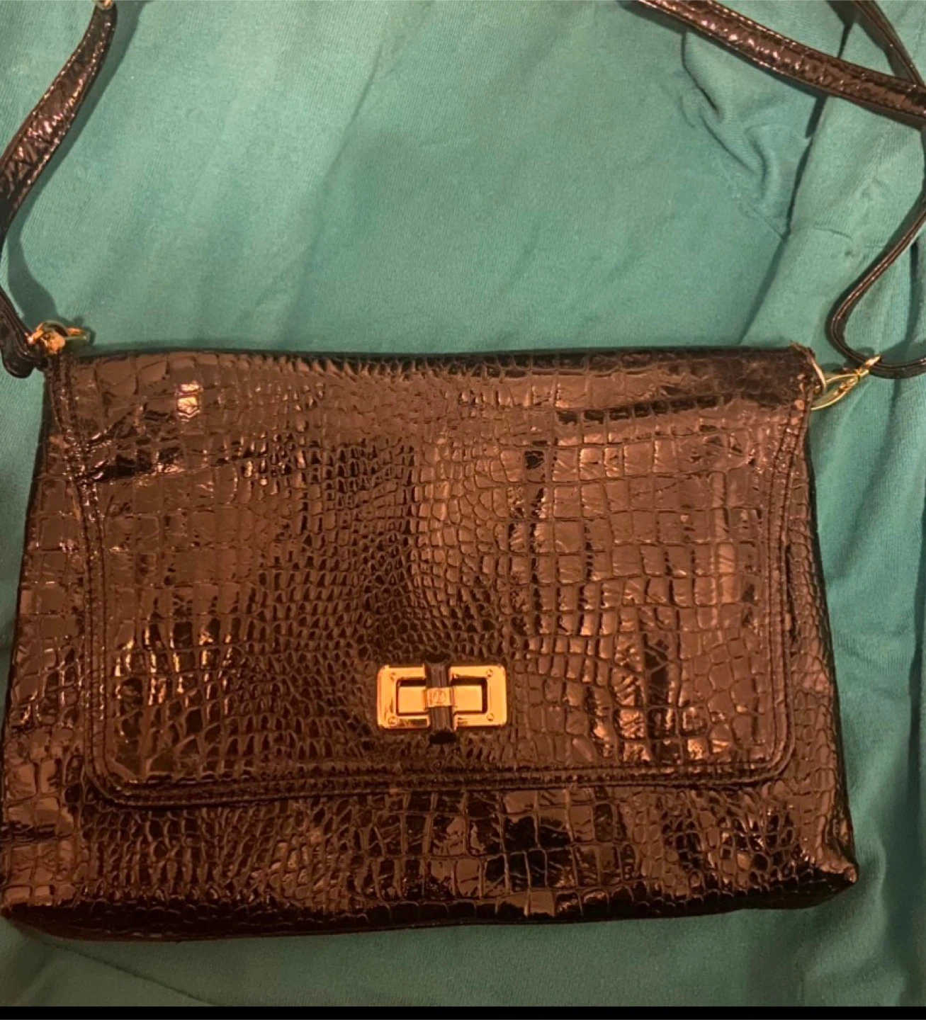 Black Croc Embossed Clutch Purse with Gold Clasp - photo 2