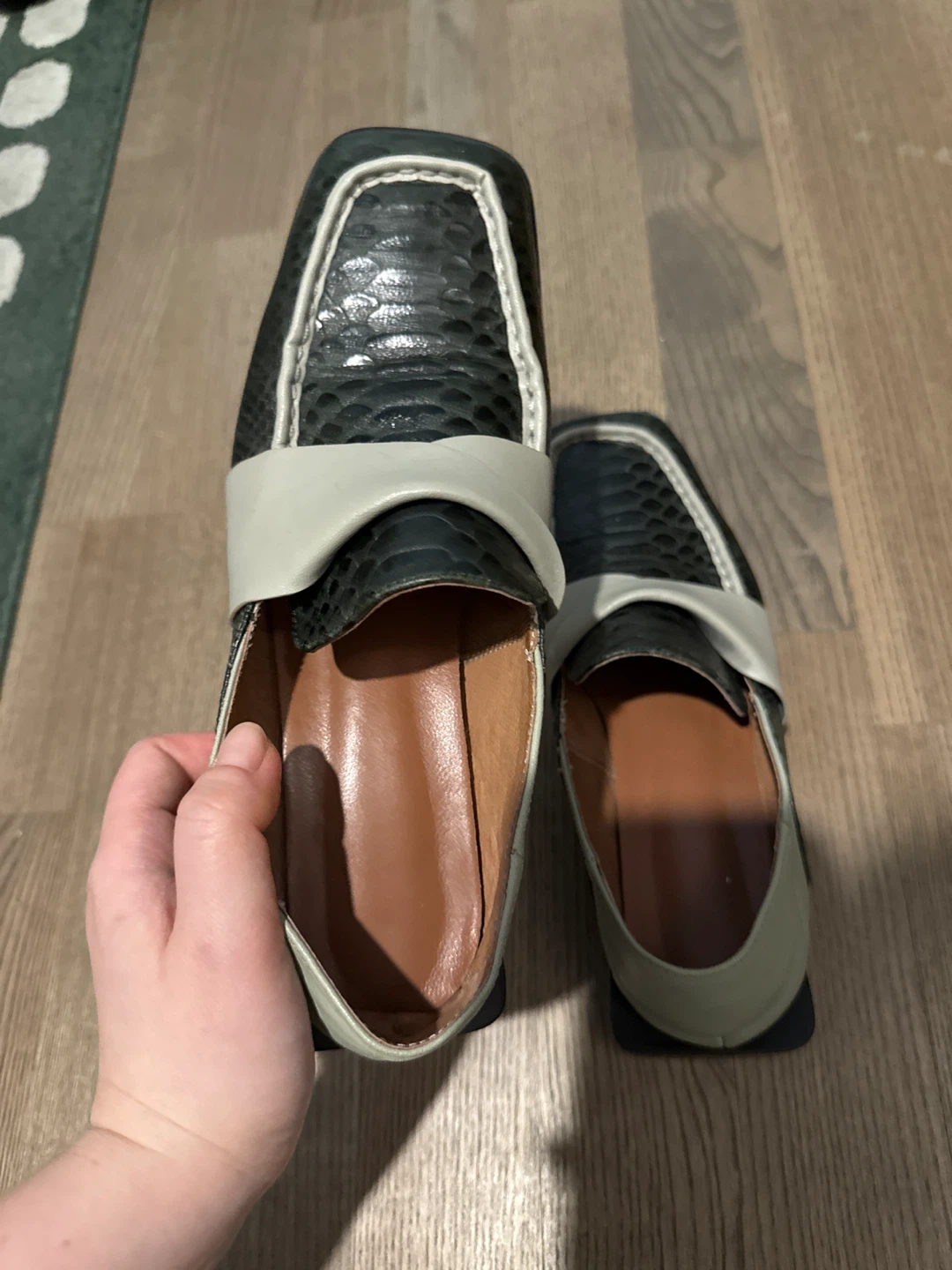 Women's Black & Green Snake Print Loafers with White Strap - photo 5