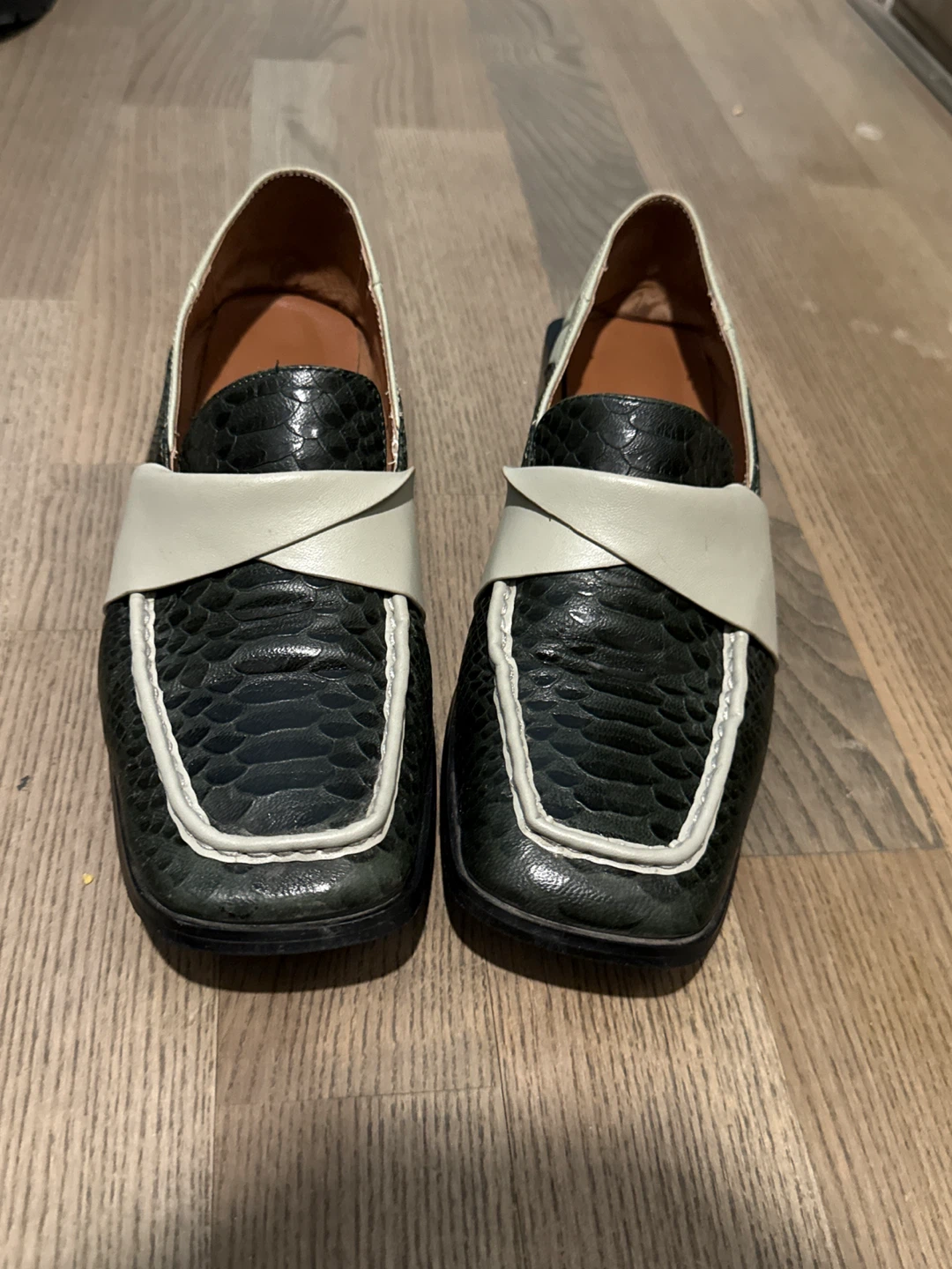 Women's Black & Green Snake Print Loafers with White Strap - photo 3