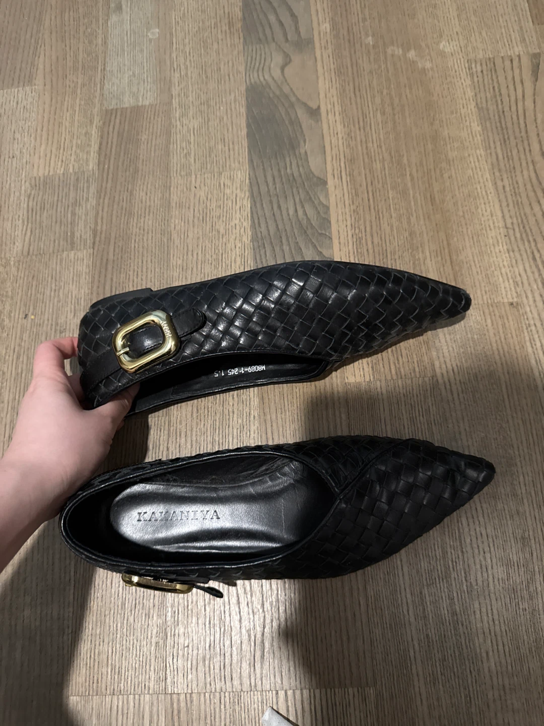 KAZANIYA real leather Black Woven Loafers with Buckle - photo 3
