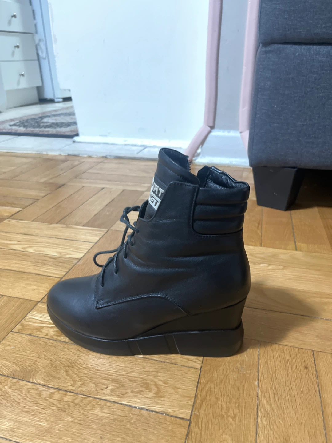 Black Leather Wedge Ankle Boots