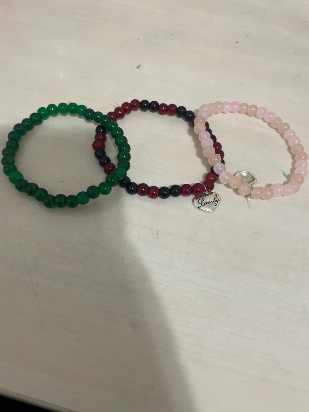 Set of 3 Beaded Bracelets - Green, Red/Black, Pink
