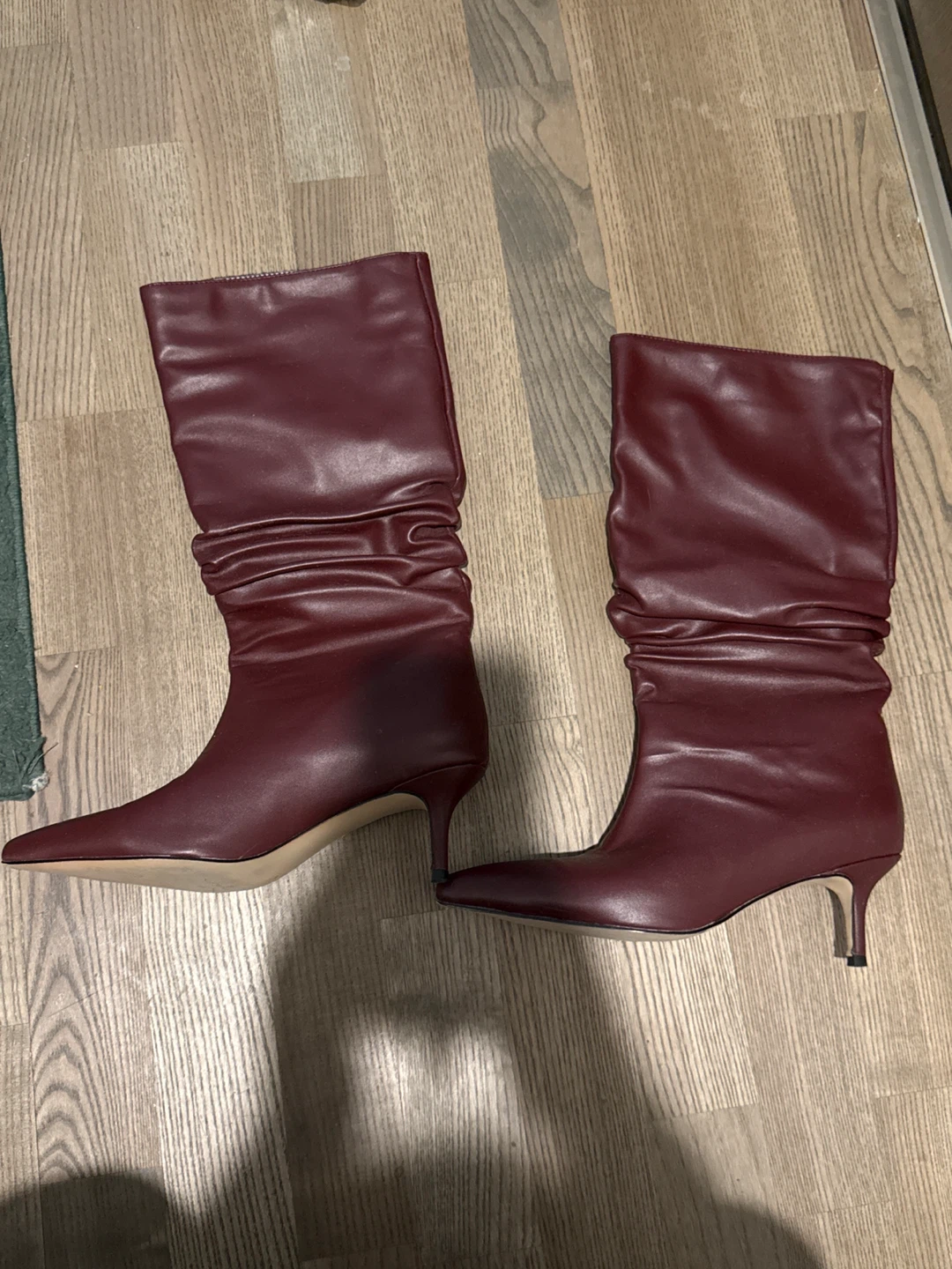 New Maroon Ruched Pointed Toe Heeled Boots