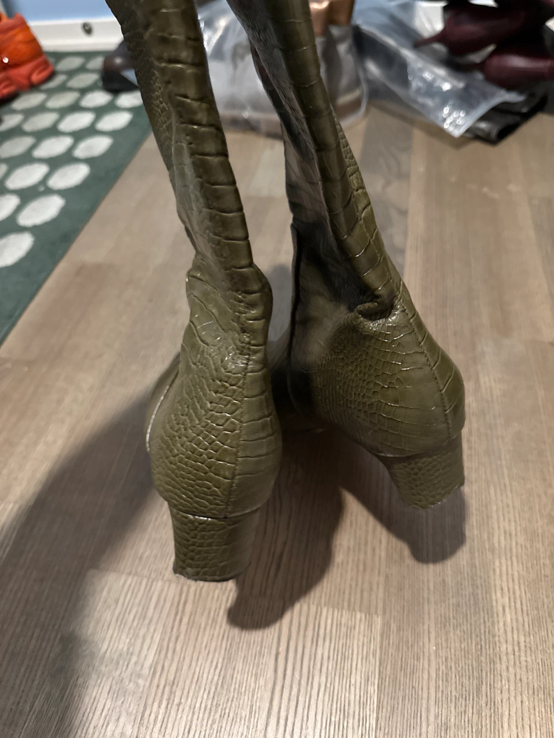 Olive Green Croc-Embossed Knee-High Boots - photo 4