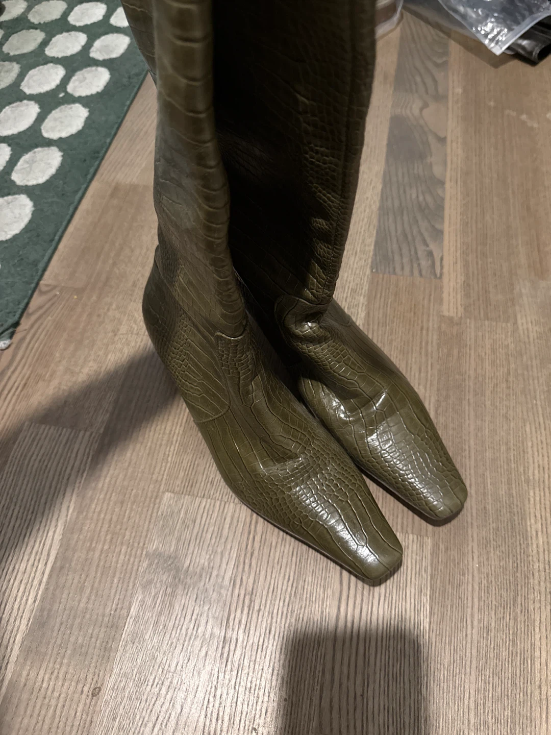 Olive Green Croc-Embossed Knee-High Boots - photo 2