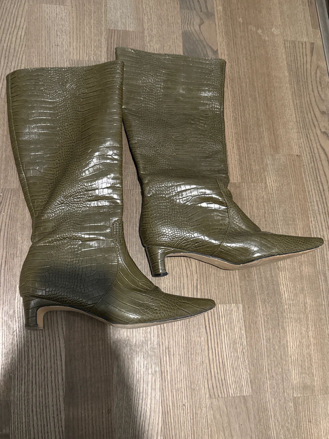 Olive Green Croc-Embossed Knee-High Boots