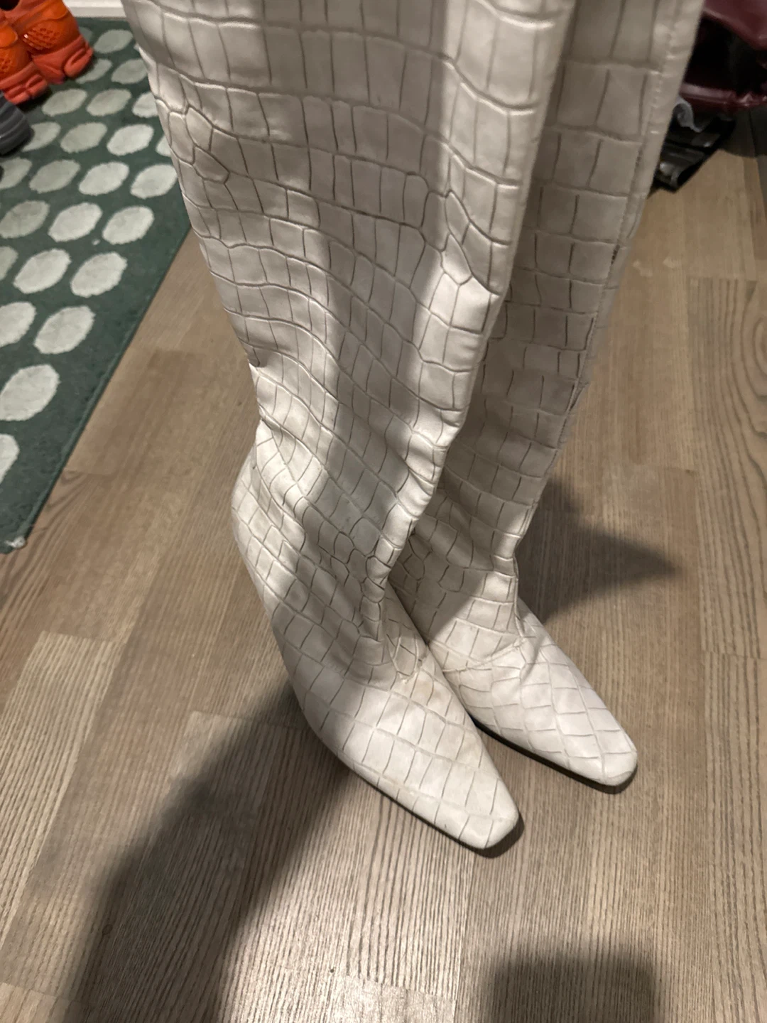 Like New Cream Faux Croc Knee-High Heeled Boots - photo 2