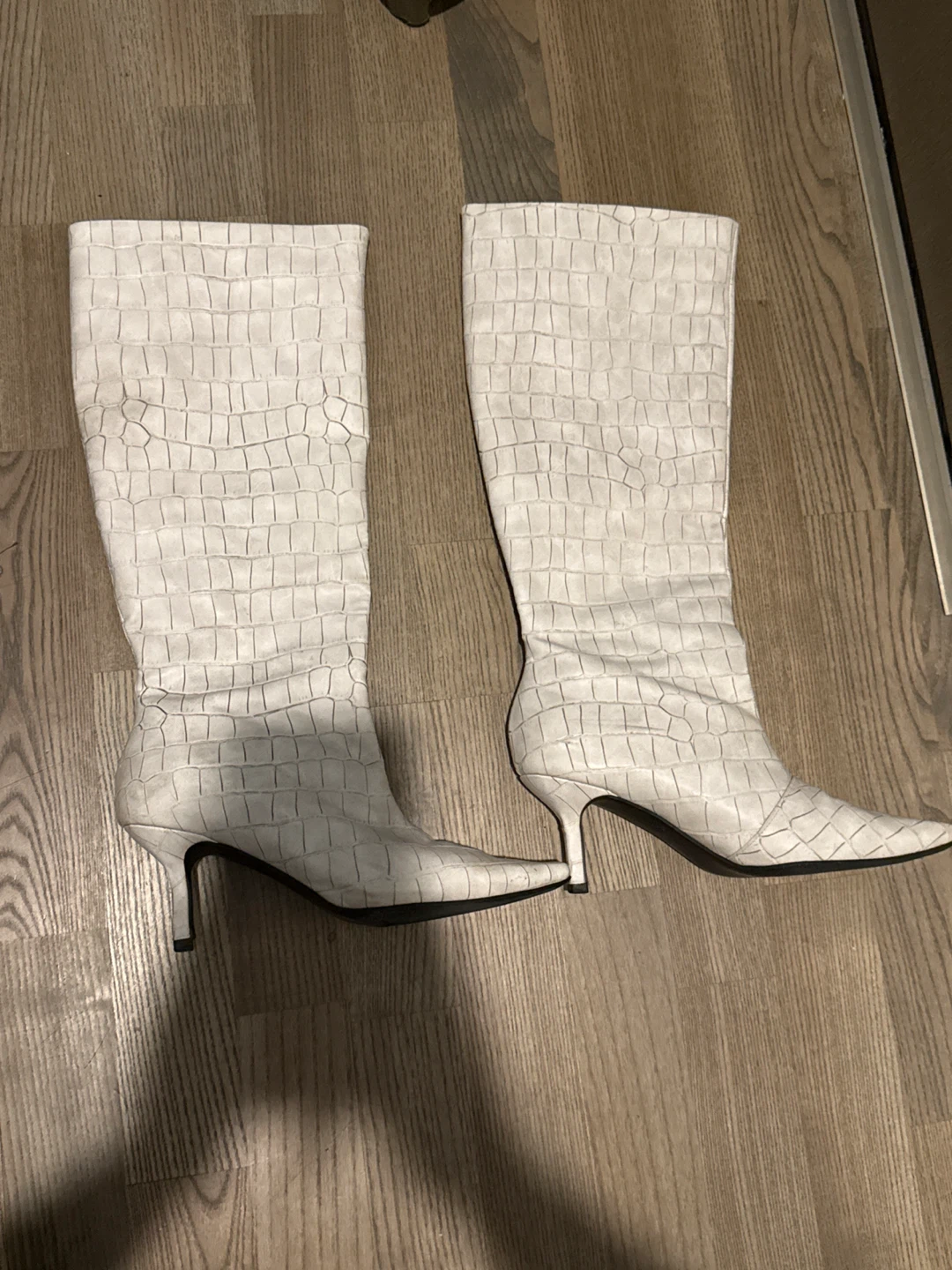 Like New Cream Faux Croc Knee-High Heeled Boots