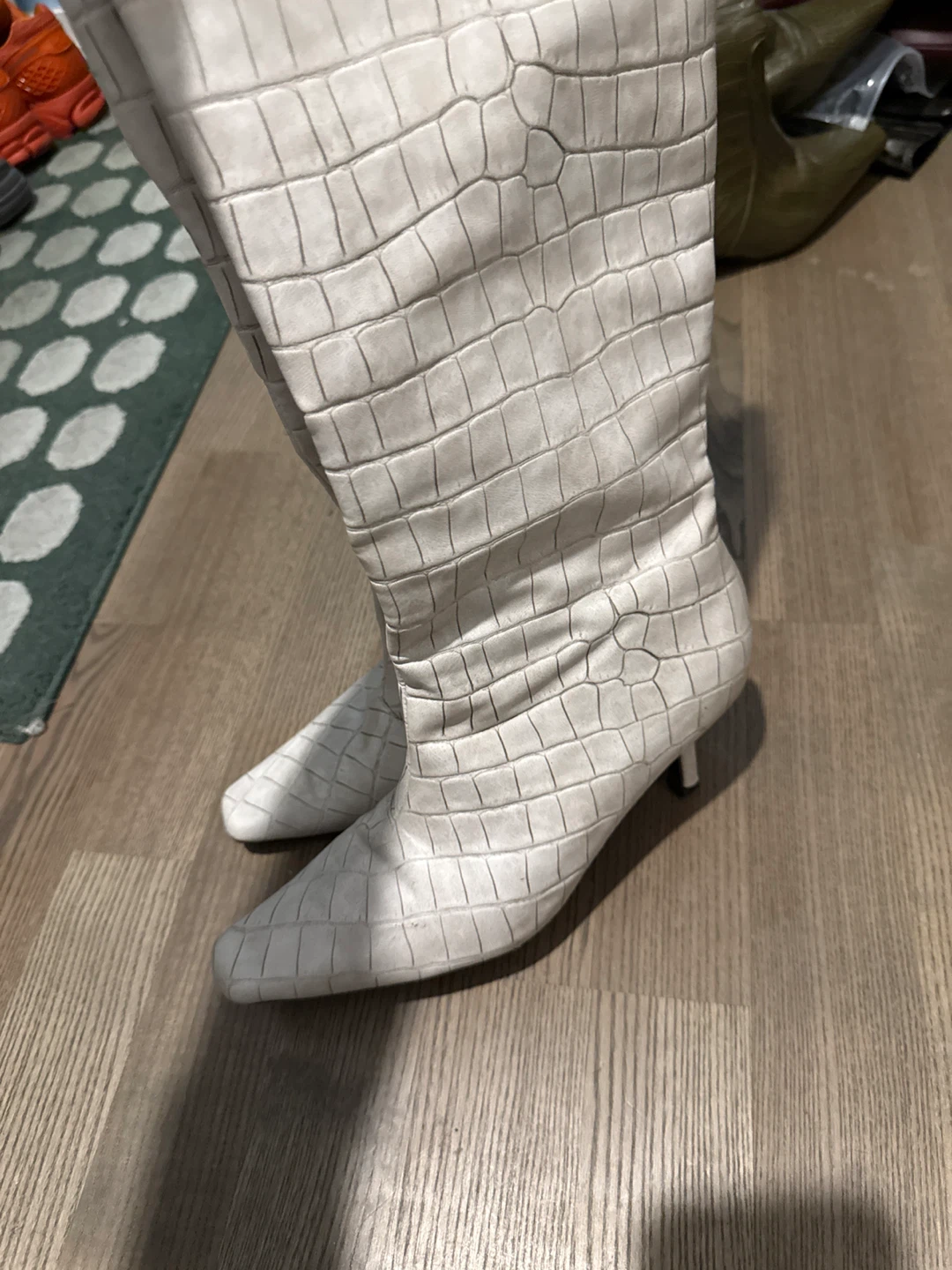 Like New Cream Faux Croc Knee-High Heeled Boots - photo 3