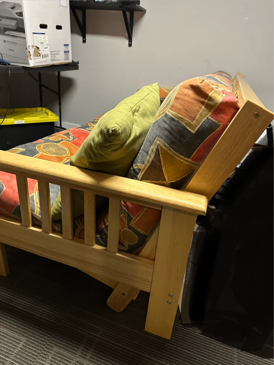Wooden Futon with Patterned Mattress and Pillows - photo 3
