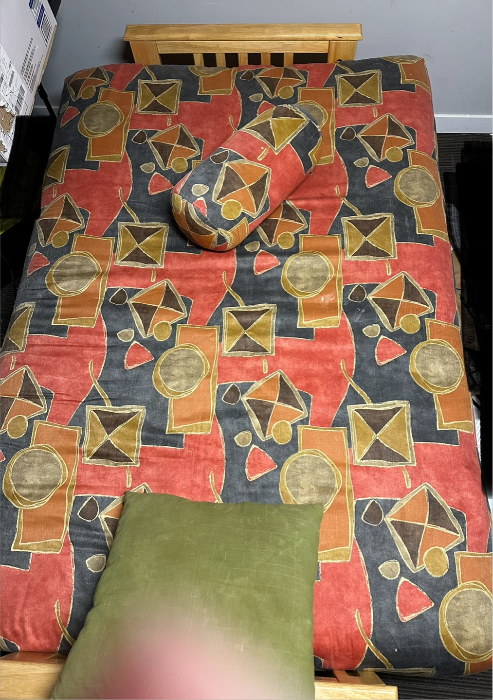 Wooden Futon with Patterned Mattress and Pillows - photo 2