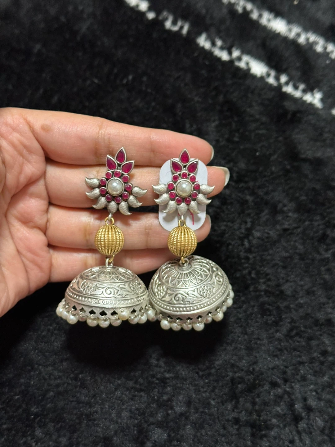 Jhumka Earrings with Faux Pearls and Gemstones - photo 5