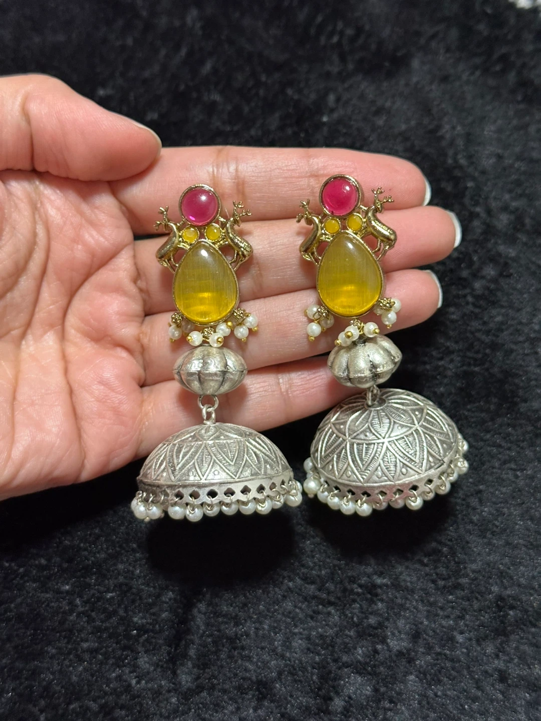 Jhumka Earrings with Faux Pearls and Gemstones - photo 4
