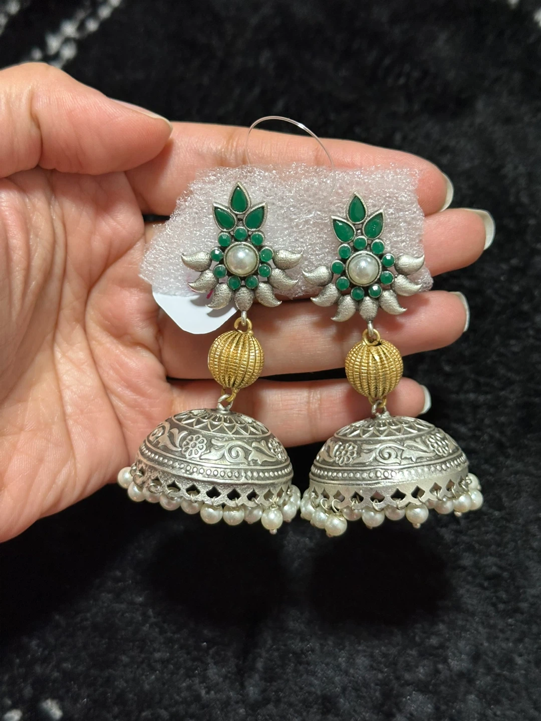 Jhumka Earrings with Faux Pearls and Gemstones - photo 3