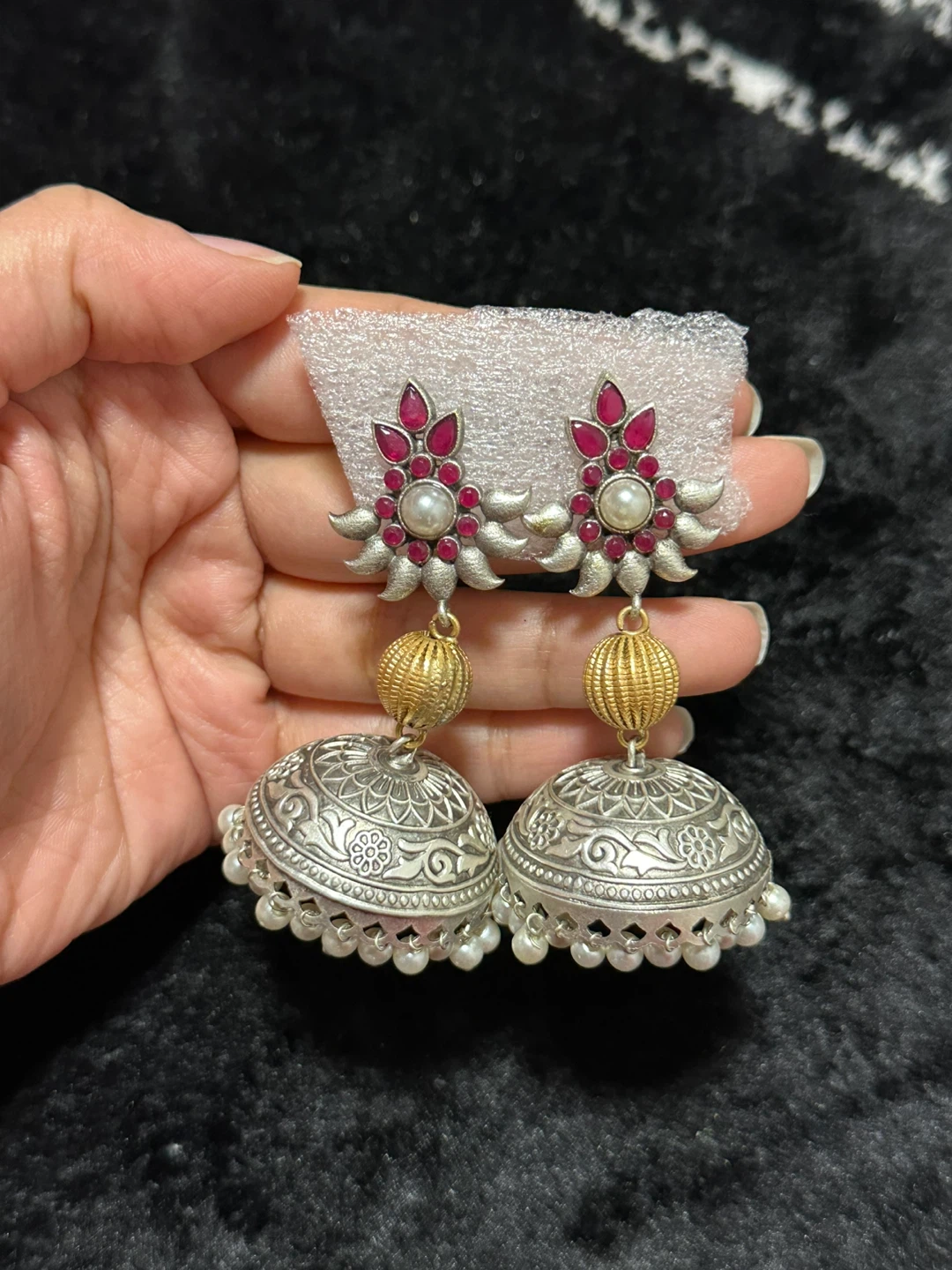 Jhumka Earrings with Faux Pearls and Gemstones - photo 2