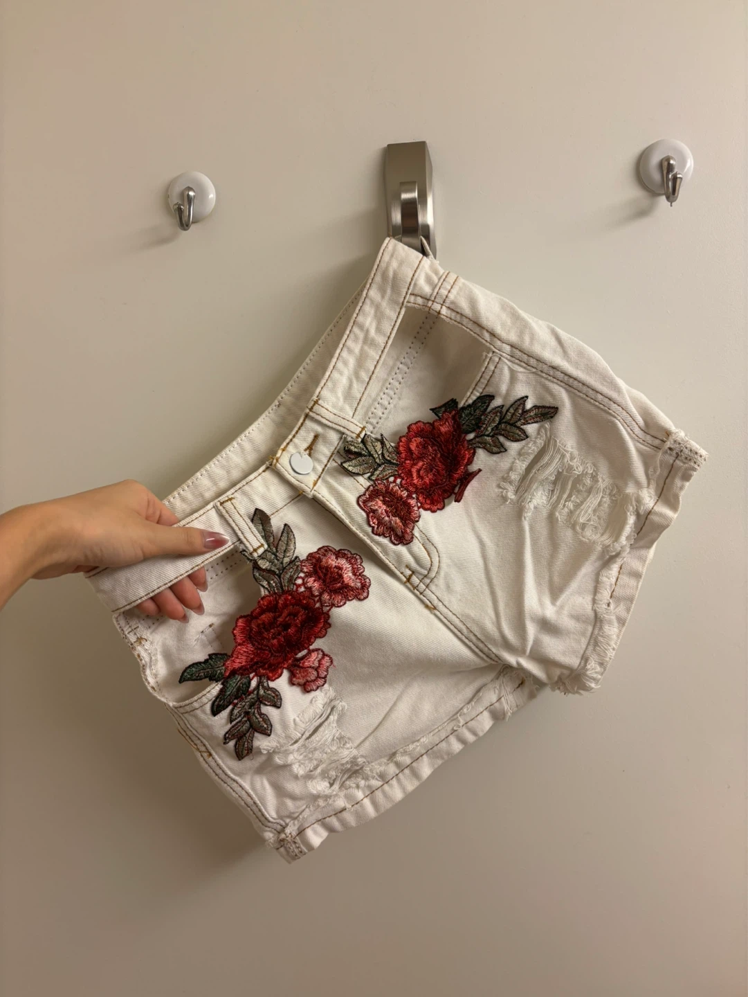 White Denim Shorts with Red Floral Embroidery and Rips