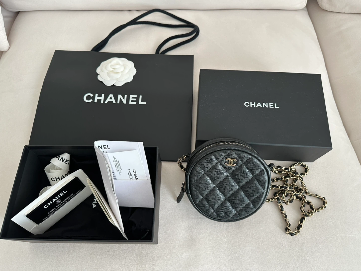 Authentic CHANEL Round Clutch with Chain Quilted Caviar Mini bag